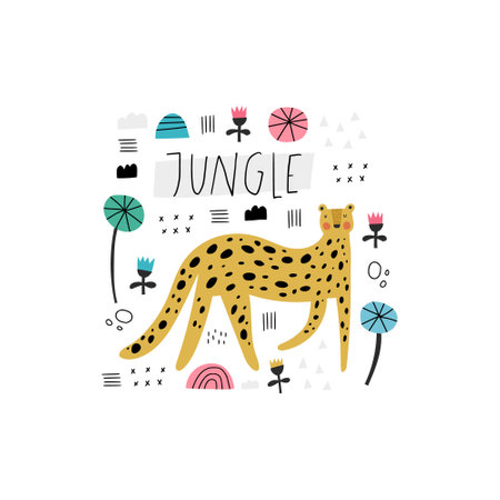 Cute hand drawn leopard character, abstract flowers and leavesのイラスト素材