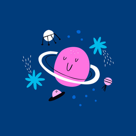 Hand drawn planet character, satellite, ufo, stars.のイラスト素材