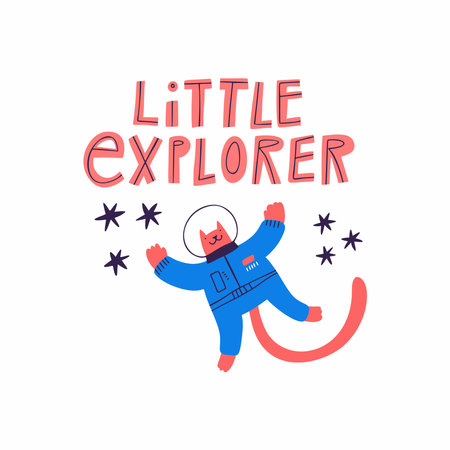 Little Explorer hand drawn text, cute cat astronaut in outer spaceのイラスト素材