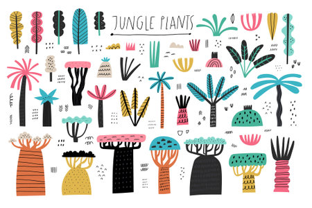 Collection of hand drawn jungle plants isolated on white.のイラスト素材