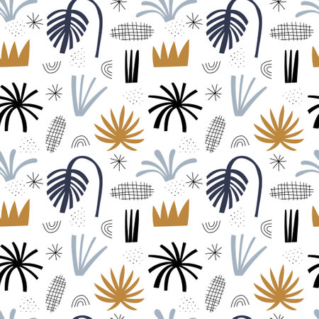 Vector seamless pattern with hand drawn abstract plant leavesのイラスト素材