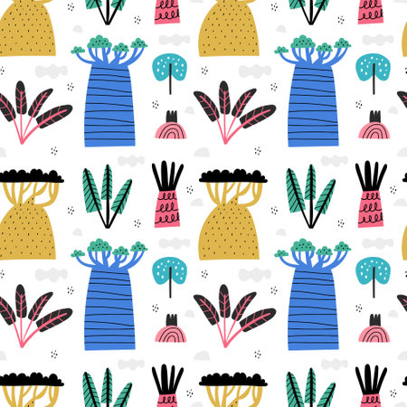 Seamless pattern with hand drawn African baobab trees, bush, leavesのイラスト素材