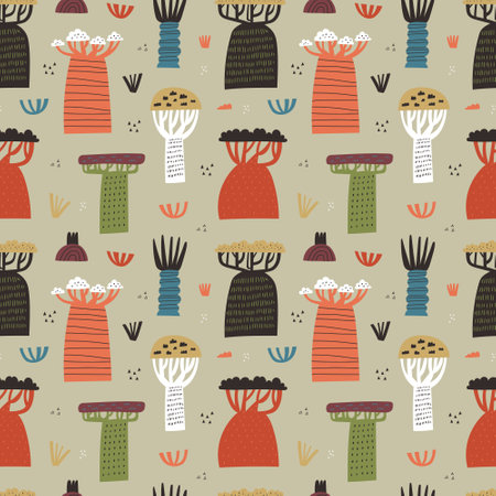 African seamless pattern with hand drawn baobab treesのイラスト素材
