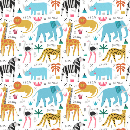Hand drawn safari seamless pattern with wild africa animals and their namesのイラスト素材