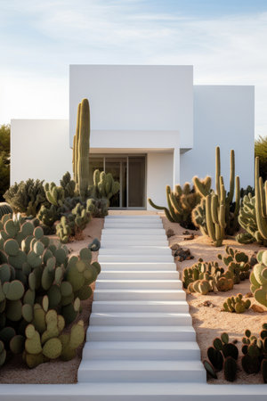 Modern minimal architecture in trendy clean white style. Square shaped  concrete house with cactuses around. Abstract geometric exclusive property - generated by AIの素材