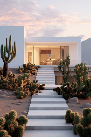 Modern minimal architecture in trendy clean white style. Square shaped  concrete house with cactuses around. Abstract geometric exclusive property - generated by AIの素材