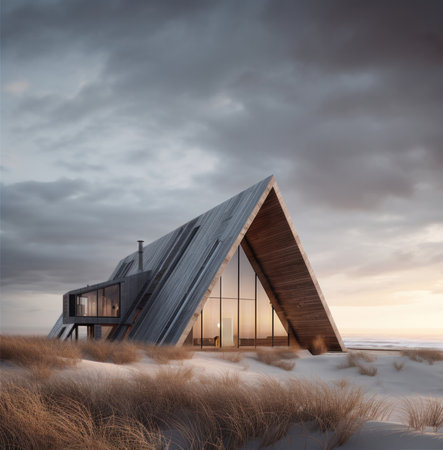 Modern beige wooden a-frame house in the desert- new construction, cabin in middle of  the beach. Trendy small house with glass front. Generated with AIの素材