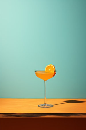 Minimalistic trendy photo of a drink. Trendy cocktail against blue background - minimalistic trendy image for bar menu. Generated by AIの素材