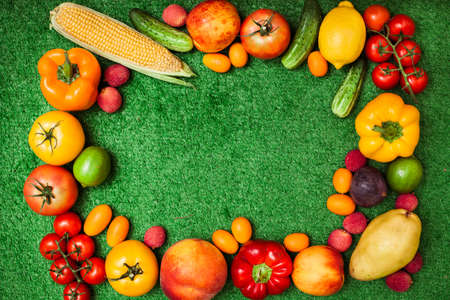 group of fruits and vegetables arranged in a circle on a background of green grass. Free space for text in the middle.Group of fruits and vegetablesの写真素材