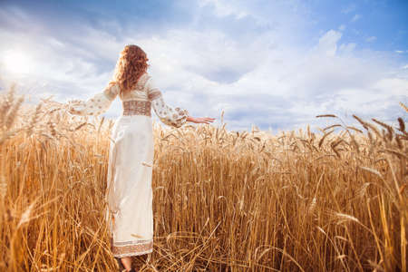 Pretty woman wearin? a embroidered dress with braid walking with her back to the camera among of golden field and pushes wheatの写真素材