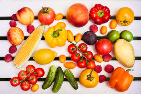 Vegetables and fruits background. Top view. Still life. Horizontal.の写真素材