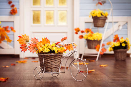 Decorative bicycle with basket with yellow leaves, flowers and autumn grapes berries on the wooden floor. Horizontalの写真素材