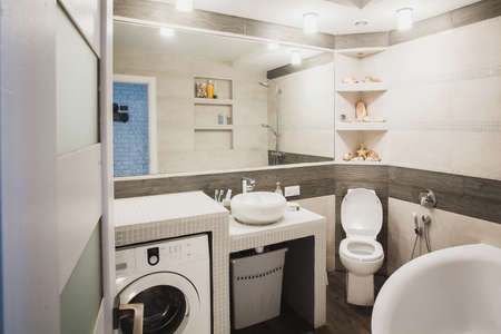 Bathroom with lavatory pan, hygienic shower, modern style sink and laundry washer. Scandinavian interior design of water closet. Horizontal.の写真素材