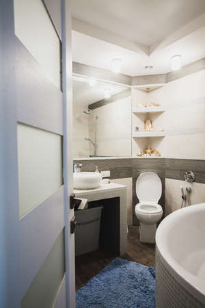 Interior design of a luxury bathroom, washroom with washbasin (sink), bathtub, huge mirror and seashells on the counter. Verticalの写真素材