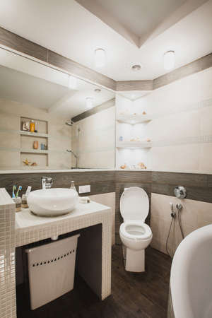 Interior design of a luxury bathroom, washroom with washbasin (sink), bathtub, huge mirror and seashells on the counter.の写真素材