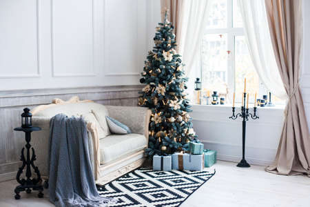 Decorated Christmas tree in living room.の写真素材