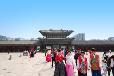 Korean Teenage with Traditional Dress in Gyeongbokgung palace (with copy space), South Korea. / 2 April 2016.のeditorial素材