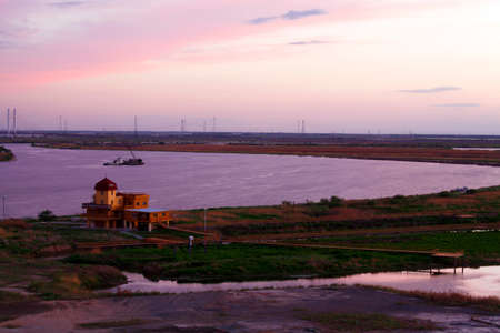 Songhua River ship building clouds sunsetのeditorial素材