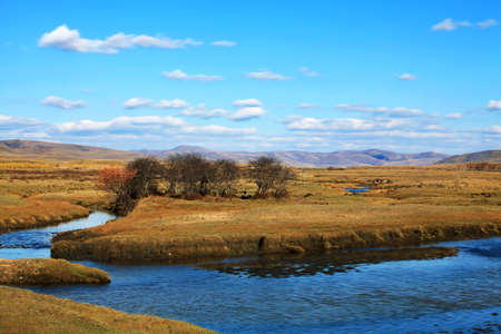 Grassland dam on the blue sky and white cloudsの写真素材