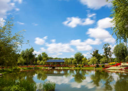Blue sky and white clouds of water reflection