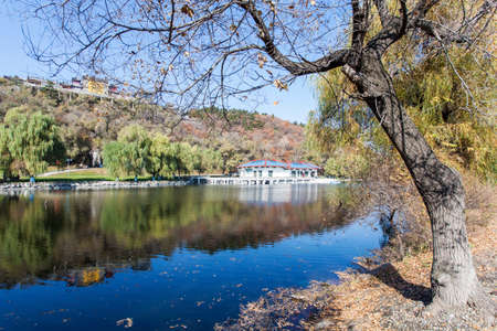 building by the temple lakeのeditorial素材