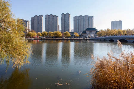 building by the temple lakeのeditorial素材