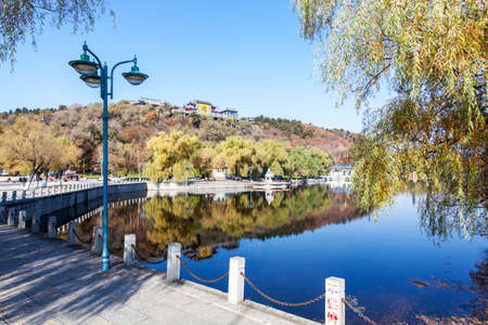 temple lake during fall seasonのeditorial素材