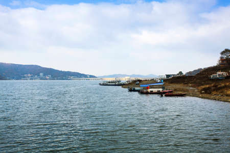 The small boat full of Songhua Lake Lakeのeditorial素材