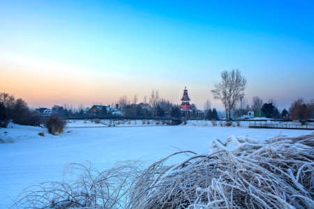 Rime snow winter eveningの写真素材