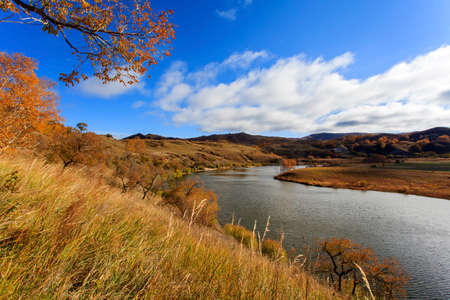 Nature landscape scenery view of Ulan Buh grasslands during autumnの写真素材