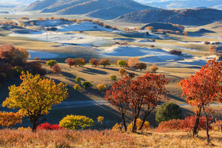 The Ulan Buh grasslands of Inner Mongolia autumn sunの写真素材
