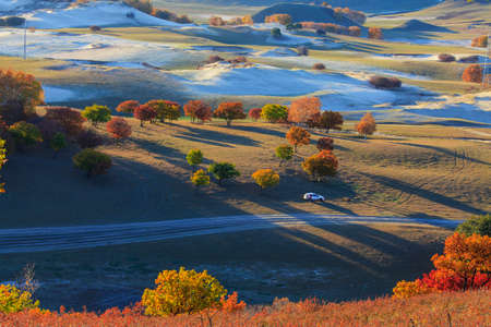 The Ulan Buh grasslands of Inner Mongolia autumn sunの写真素材