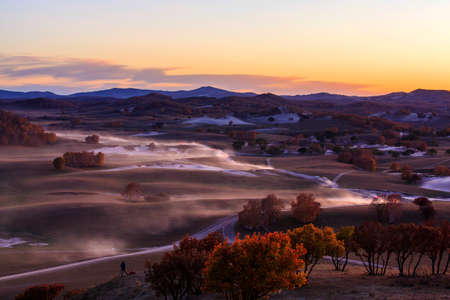 The Ulan Buh grasslands of Inner Mongolia autumn eveningの写真素材
