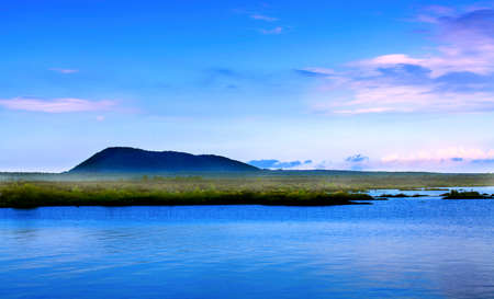 lake view under the blue sky and white clouds in Wudalianchiの写真素材