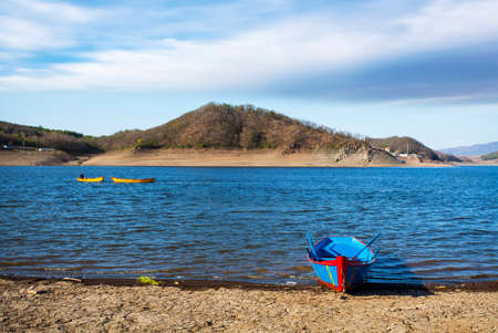 pine flower lake with boat.のeditorial素材