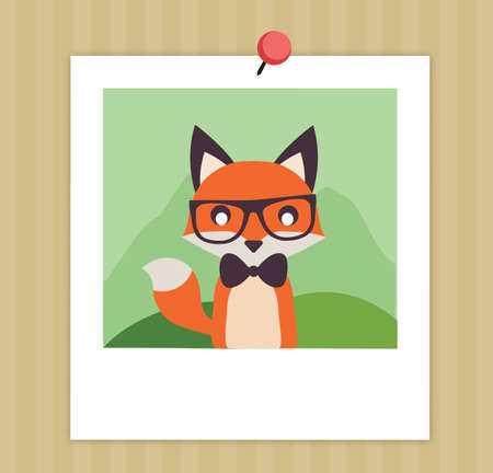 Vintage Cute Fox In Polaroid Vector Stock Illustration Flat - Gentleman Fox With Bow Tie -のイラスト素材
