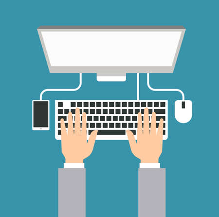 Hands typing text on the laptop keyboard - people working with computers at the work desk vector illustration flat stockのイラスト素材