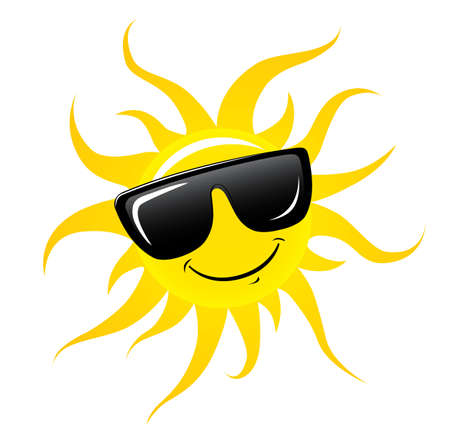 Character Sun in sunglasses and happy smile. Sun and glasses isolated on white. Vector stock.のイラスト素材