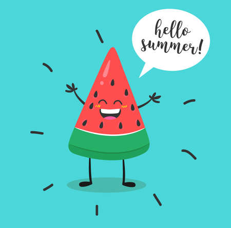 Watermelon character kawaii. Watermelon with speech bubble and hand written text "Hello summer". Vector stock.のイラスト素材