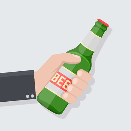 Hand holding bottle of beer in flat style. Concept for beer festivals and parties. Cheers. Vector stock.のイラスト素材
