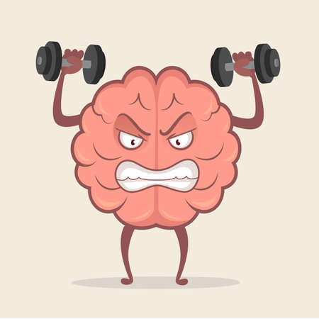 Brain character training with dumbbells. Education and brainstorm concept. Human train intellect, mind workout. Vector stock.のイラスト素材