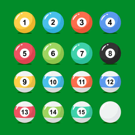Billiard balls collection in flat style. Set of snooker balls with numbers. Vector stock.のイラスト素材