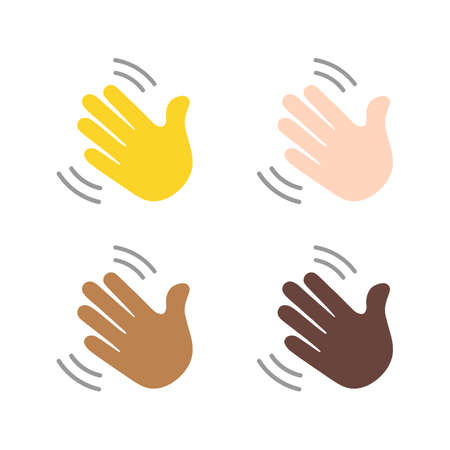 Waving hand isolated on white background. Hand waving emoji in different skin tone. Hi or hello gesture. Vector stockのイラスト素材