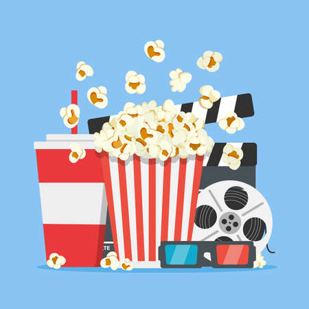 Cinema concept poster with popcorn, drink, film strip clapperboard and 3d glasses. Movie time. Vector stockのイラスト素材