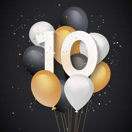 Happy 10th birthday balloons greeting card background. 10 years anniversary. 10th celebrating with confetti. "Illustration stock"の写真素材
