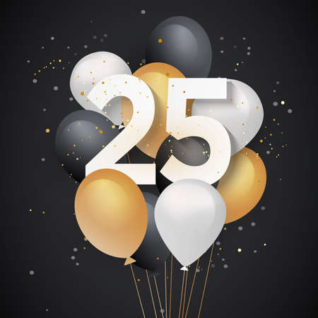 Happy 25th birthday balloons greeting card background. 25 years anniversary. 25th celebrating with confetti. "Illustration stock"の写真素材