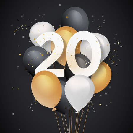 Happy 20th birthday balloons greeting card background. 20 years anniversary. 20th celebrating with confetti. "Stock Illustrator"の写真素材