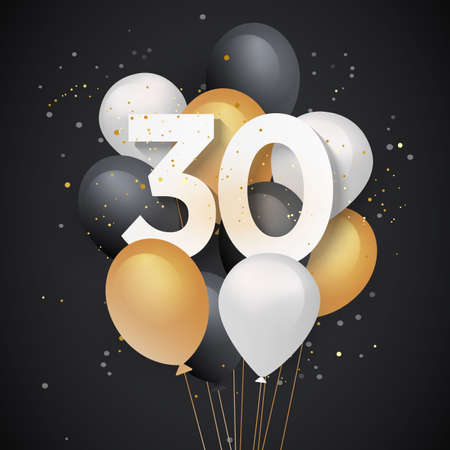 Happy 30th birthday balloons greeting card background. 30 years anniversary. 30th celebrating with confetti. "Illustration stock"の写真素材