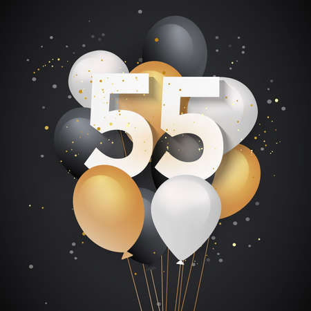 Happy 55th birthday balloons greeting card background. 55 years anniversary. 55th celebrating with confetti. "Stock Illustrator"の写真素材