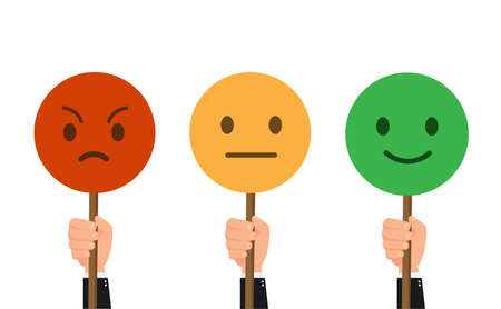 Hands holding placards with feedback in form of emotions. Customer service satisfaction survey form. Set of emoticons with different moods. Vector stockのイラスト素材